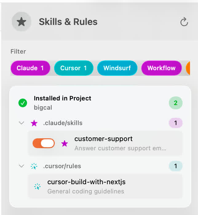 Skills & Rules Library with filter pills for Claude, Cursor, Windsurf