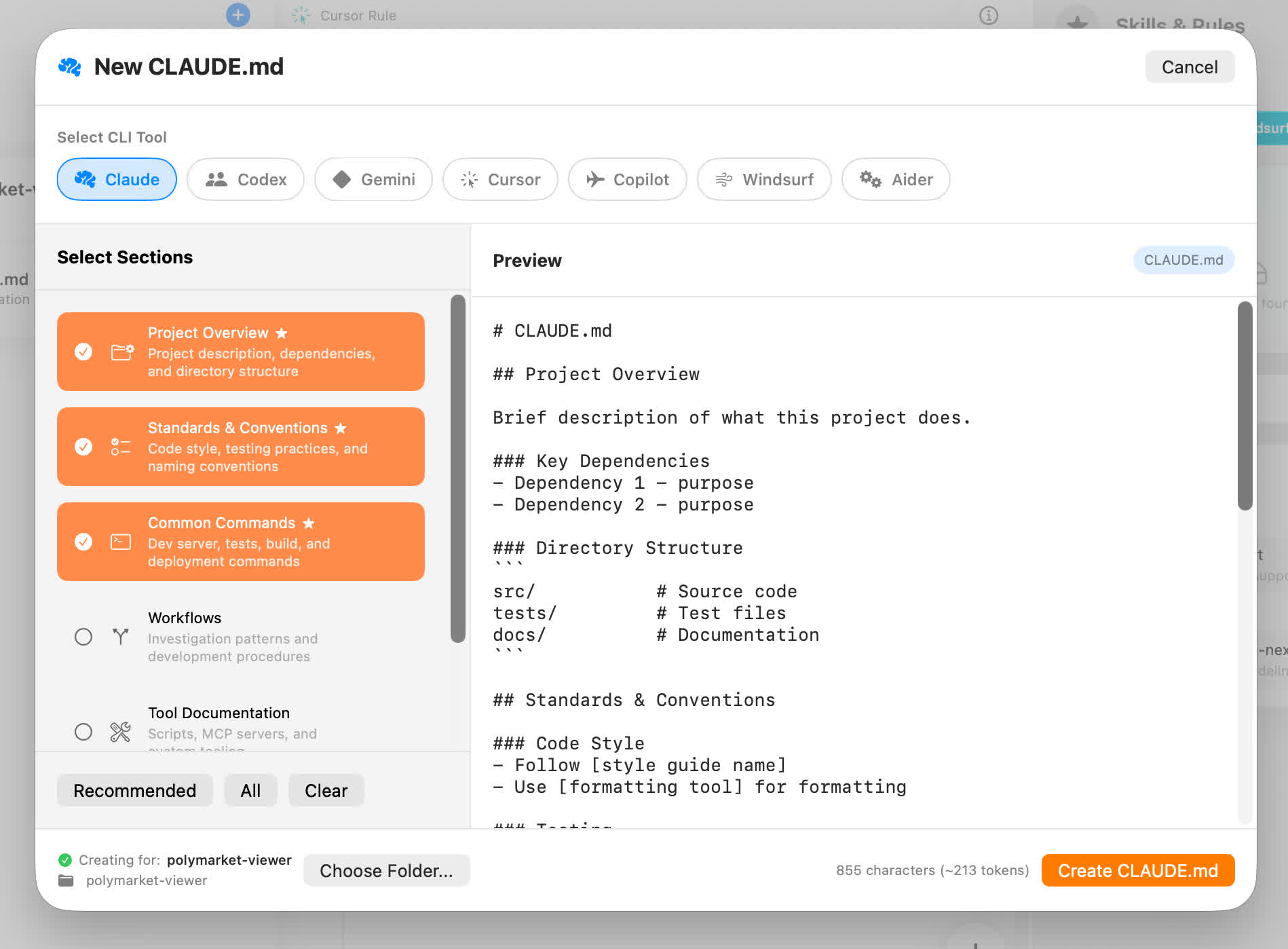 Skills & Rules Builder with templates for all AI tools